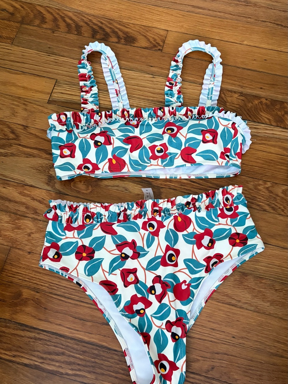 Ruffled Two-Piece Bikini Top & Bottom Set - White with Red & Teal Accents